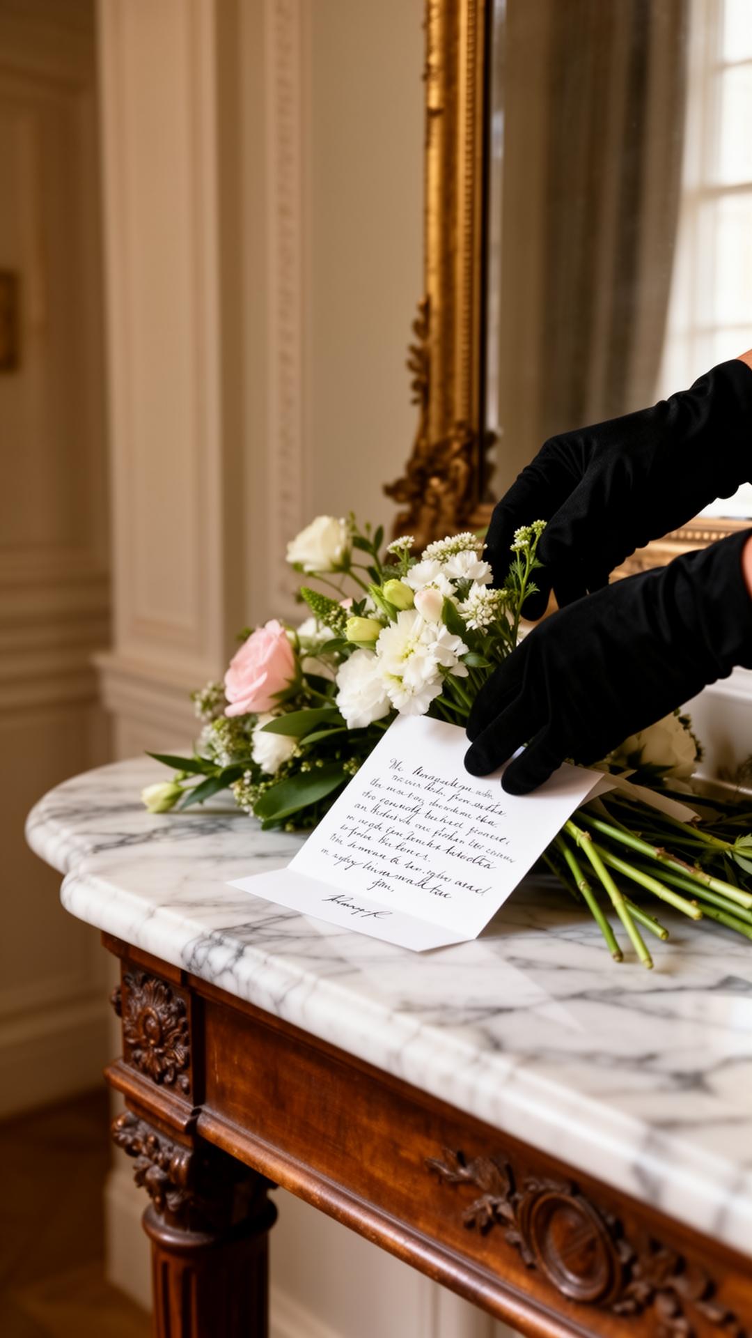 A handwritten note placed beside fresh flowers on a marble console