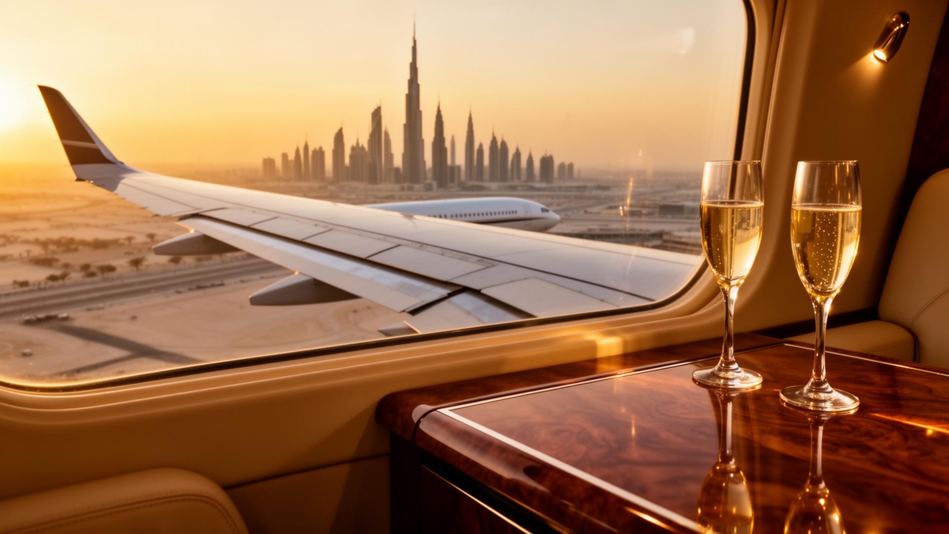 View from a private cabin over the Dubai skyline at dusk